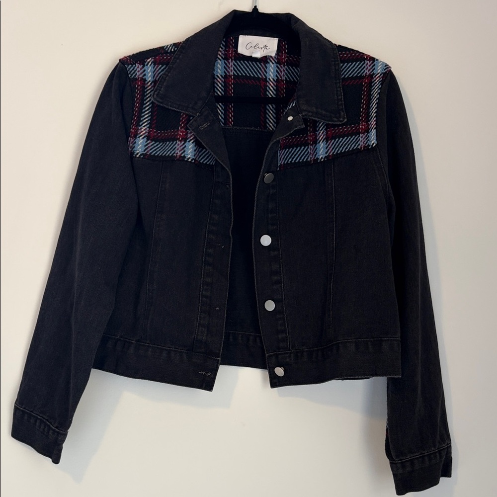 Black Denim Jacket with Plaid Yoke